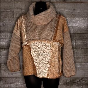 Brenda Lim vintage Cozy Tan and Cream Women's patchwork turleneck Sweater